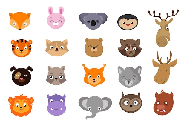 Avatars D'animaux Mignons Têtes D'animaux Exotiques Lion Sauvage Koala Hippopotame Bébé Chat Chiot Et Lapin Isolés Personnages Vectoriels De Forêt De Dessin Animé