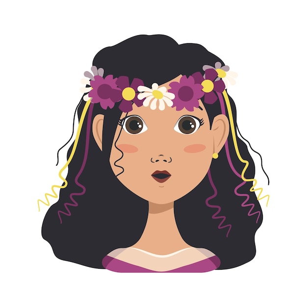 Avatars De Femme Avec Différentes émotions Fille Avec Des Fleurs De Printemps Ou D'été Et Une Couronne De Cheveux Noirs ...