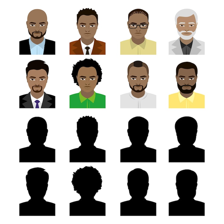 Vecteur des avatars masculins afro-américains et une silhouette noire illustration vectorielle