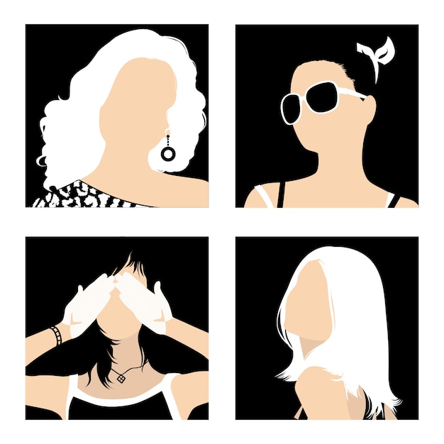 Vecteur avatars minimalistes filles à la mode sur fond noir