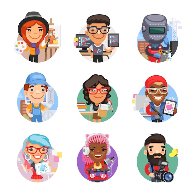 Vecteur avatars de personnes de dessin animé avec différentes professions