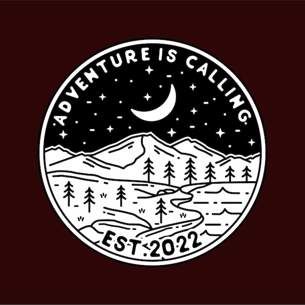 L'aventure Appelle Avec La Conception De Badge Extérieur Vintage Monoline De Montagne