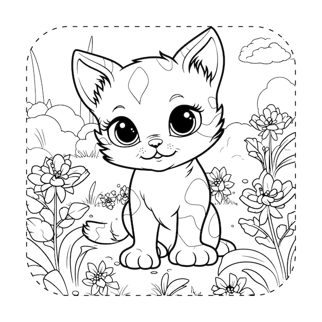 Vecteur l'aventure dans le jardin du chaton méchant illustration de livre à colorier