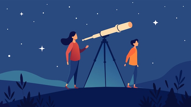 Vecteur une aventure d'observation des étoiles avec un télescope par une nuit étoilée