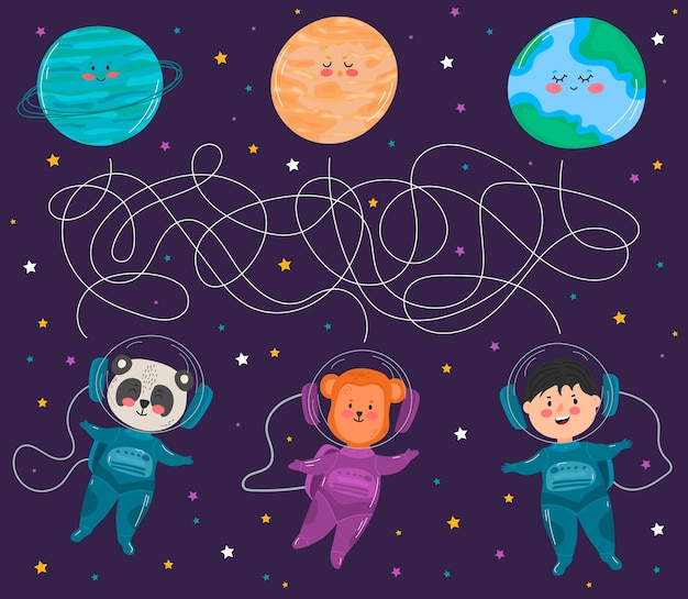 Aventure spatiale avec labyrinthe jeu de labyrinthe pour enfants logique éducative drôle dessin animé mignon planètes étoile