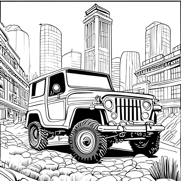 Aventure urbaine moderne véhicule suv dessiné à la main dessin animé autocollant icône concept illustration isolée