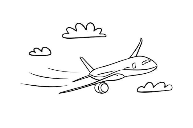 Vecteur avion dans le ciel nuages élément contour doodle croquis style de dessin au trait simple modèle isolé