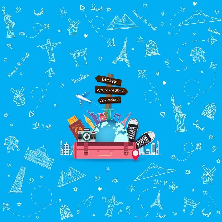 Vecteur avion de doodle dans le monde concept bannière aérienne avion enregistrement aérien avec top repère mondialement célèbre.