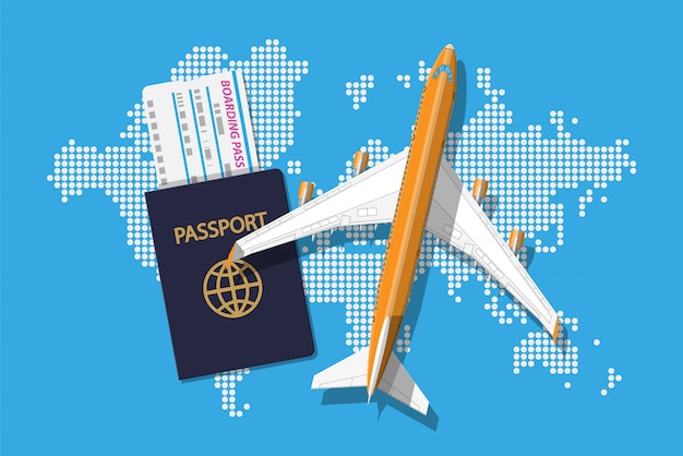 Avion de passagers, carte d'embarquement et passeport, carte