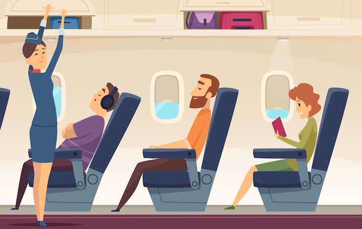Vecteur avion de passagers. hôtesse de l'air avia service tourisme aviation dessin animé fond. hôtesse de l'air et illustration d'avion de service de vol