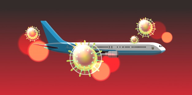 Vecteur avion de passagers volant dans le ciel coronavirus épidémie de grippe cellulaire chine pathogène respiratoire pandémie virus wuhan médical santé risque concept horizontal