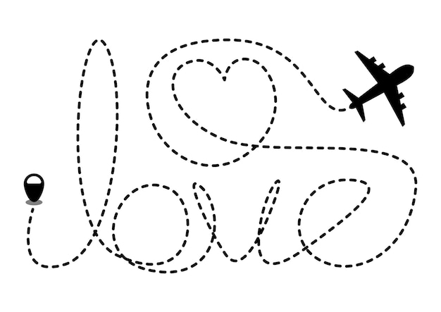 Vecteur avion vectoriel volant avec l'amour ligne de trace pointillée voyageant illustration de concept d'amour