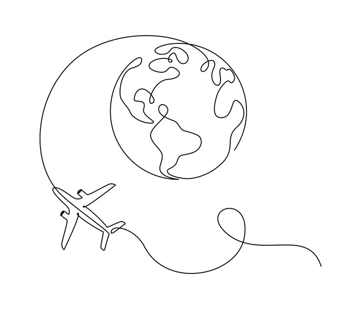 Avion volant autour du globe terrestre dans un dessin au trait continu. Concept de voyage touristique et de voyage. Illustration vectorielle simple dans un style linéaire