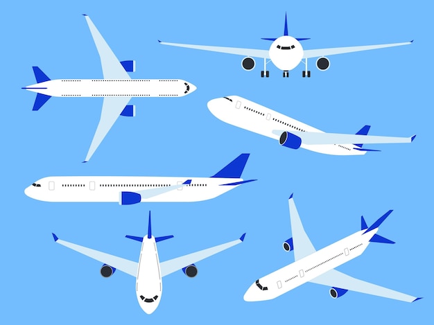 Avion. Vue De Dessus, De Côté Et De Face De L'avion, Affrètement De Transport Rapide. Compagnies Aériennes De Fret Avec Aile, Voyage De Voyage Commercial Et Voyage Avion De Passagers D'aviation Ensemble De Vecteurs Plats Isolés Sur Fond Bleu