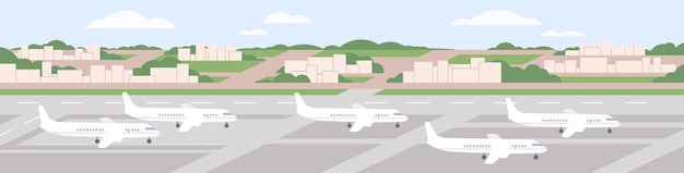 Vecteur les avions se tiennent à l'aéroport. avions aériens stationnés au poirier pavé. parking d'aérodrome avec avions passagers, paysage panoramique. avions de ligne sur piste, panorama. illustration vectorielle plane