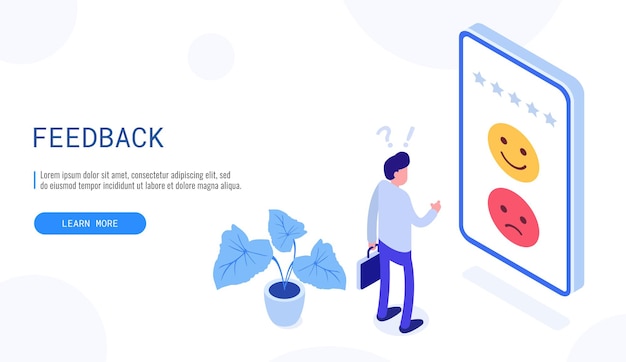 Avis Client Ou Concept De Rétroaction. L'homme Pense Quelle Rétroaction Laisser Positive Ou Négative. Bannière Web Isométrique Pour La Page De Destination. Illustration Vectorielle.
