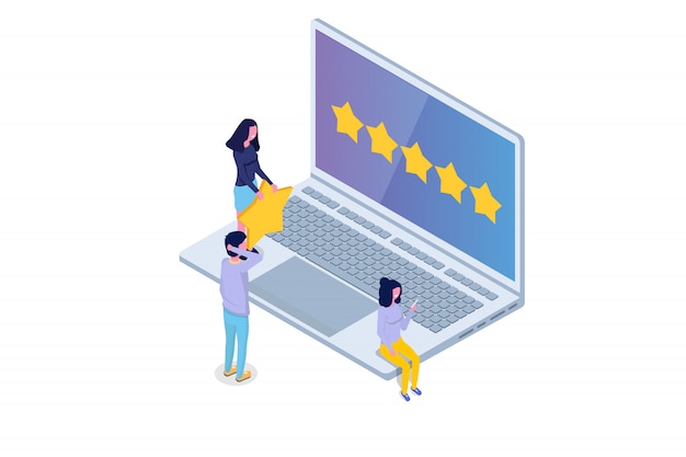 Avis client, évaluation de l'utilisabilité, commentaires, concept isométrique du système d'évaluation. Illustration vectorielle