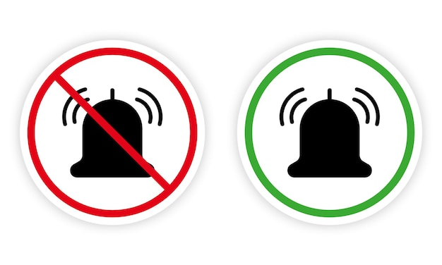 Vecteur avis silent zone red forbidden round sign. ensemble d'icônes de silhouette noire de cloche de sonnerie. attention