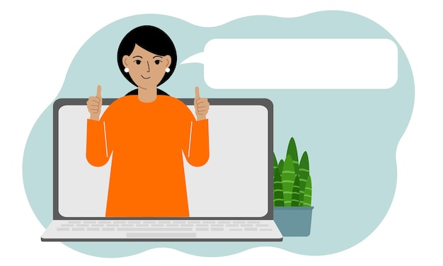 Avis d'utilisateurs Ordinateur portable avec une femme avec le pouce levé Avis client Avis en ligne Note par étoiles Commentaires Bulle d'évaluation
