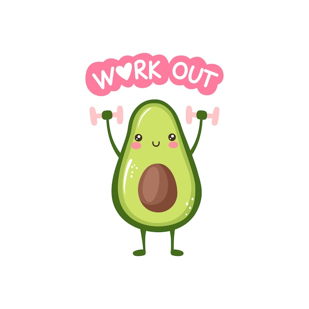 Avocat Souriant Mignon Faisant Des Exercices Avec Des Haltères. Illustration Drôle De Santé Et De Remise En Forme Avec Personnage De Dessin Animé De Fruits.