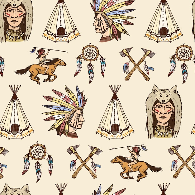 Axes Et Tente De Modèle Sans Couture Indiens Ou Amérindiens Dreamcatcher Et Cherokee Tomahawk Ensemble D'anciennes étiquettes Ou Badges Vintage Gravés Dessinés à La Main