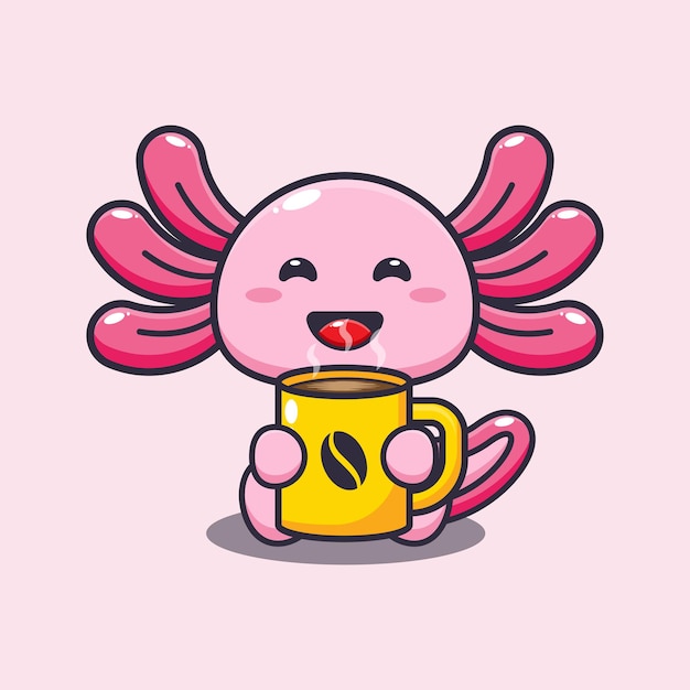 Axolotl Mignon Avec Illustration De Vecteur De Dessin Animé De Café Chaud