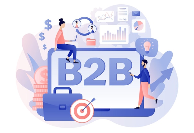Vecteur b2b business to business en ligne collaboration commerciale réussie de minuscules hommes d'affaires entrent dans