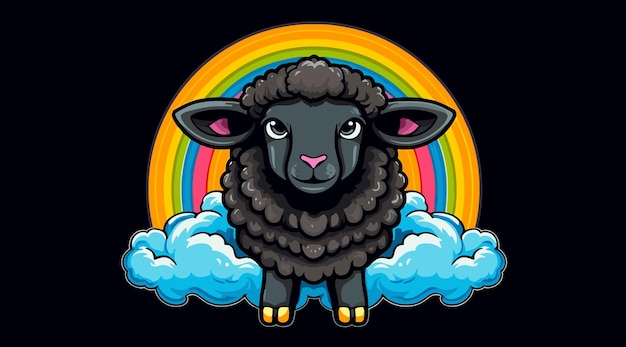 baa baa mouton noir debout dans les nuages avec arc-en-ciel en arrière-plan