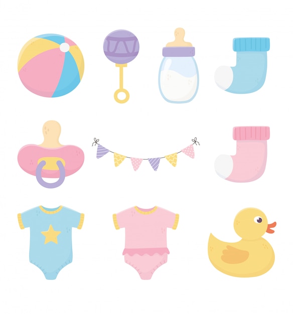 Vecteur baby shower, bodysuits sucette bouteille hochet chaussette canard icônes illustration