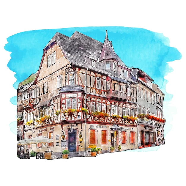 Bacharach allemagne aquarelle illustration dessinée à la main isolée sur fond blanc