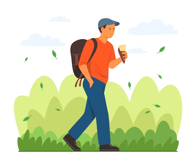Backpacker Homme Se Promener Dans Un Parc Public