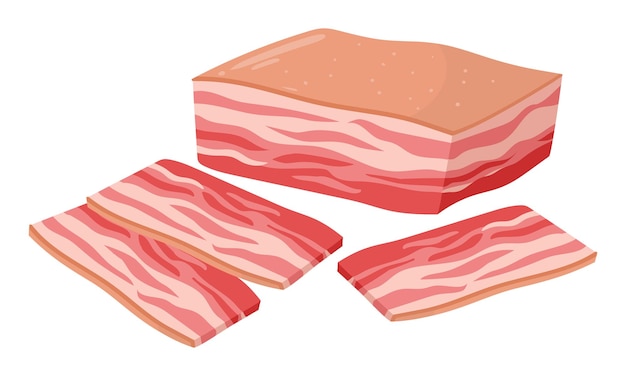 Vecteur bacon cru de dessin animé tranches de bacon rouge de porc savoureux bacon fumé ou tranches de salo salé illustration vectorielle plane sur fond blanc