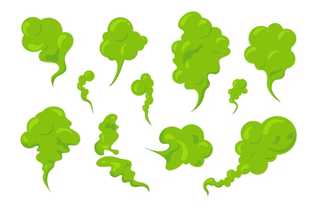 Bad smeeling clouds set Vert pet fumée toxique Cartoon puant vieux odeur désagréable fumées gaz toxique Saleté