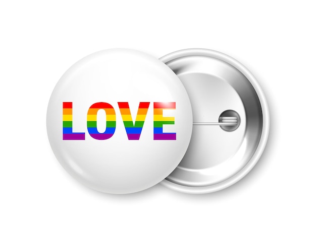 Badge blanc réaliste avec drapeau arc-en-ciel lgbtq lesbienne gay bisexuelle transgenre symbole d'amour fierté.