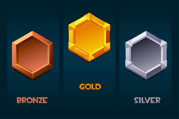 Vecteur badge de récompense pour les ressources de jeu, modèles de médaillon vierges pour l'interface utilisateur. illustration vectorielle définie des emblèmes d'or, d'argent, de bronze.