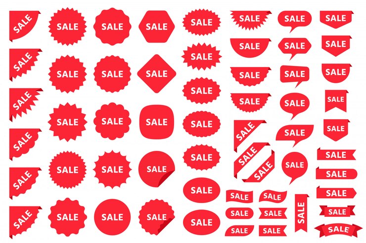 Vecteur badges et autocollants sur les étiquettes de prix de vente. illustration.