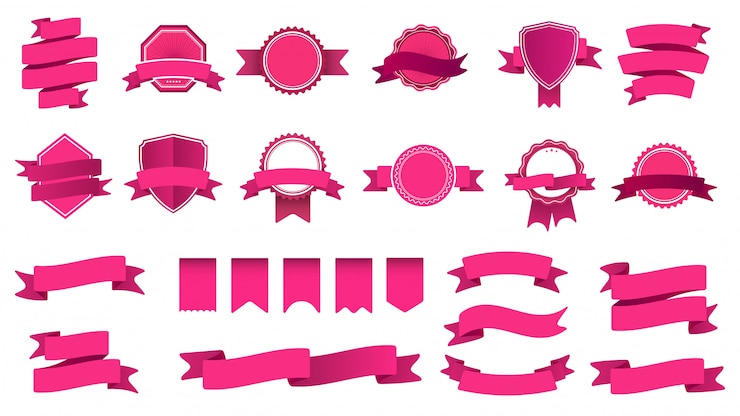 Vecteur badges de bannière de ruban. cadre avec ruban adhésif, insigne de forme décorative abstraite et jeu de rubans incurvés. collection d'étiquettes et de timbres roses. objets avec banderole et fanions