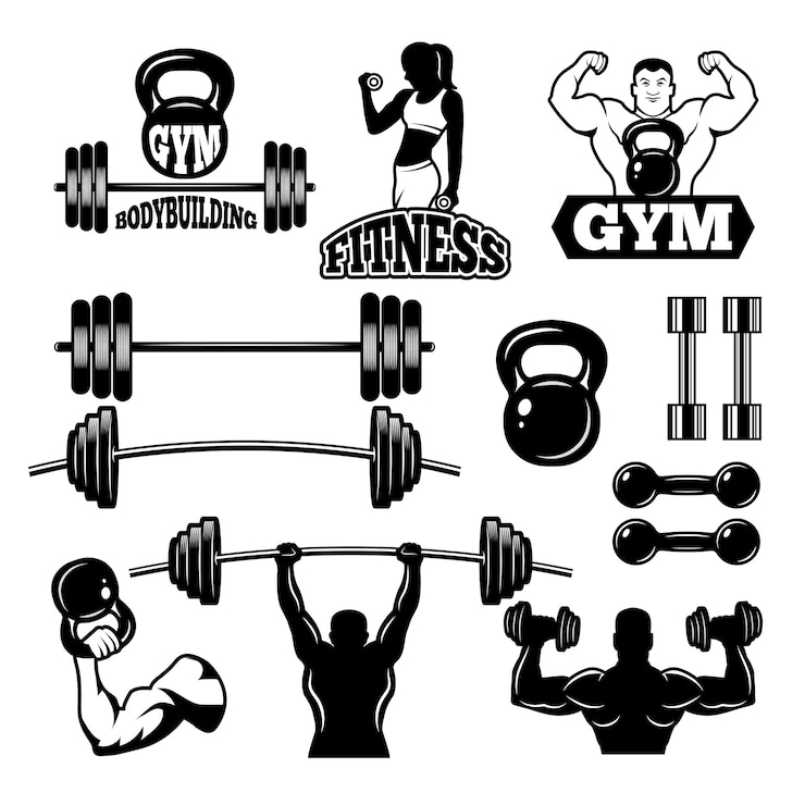 Vecteur badges et étiquettes pour club de gym et fitness. symboles sportifs en style monochrome