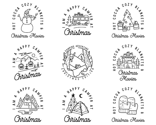 Badges De Noël De Camping Et De Randonnée Dans Des Graphiques De T-shirt De Voyage De Style Art En Ligne Avec Paysage D'hiver