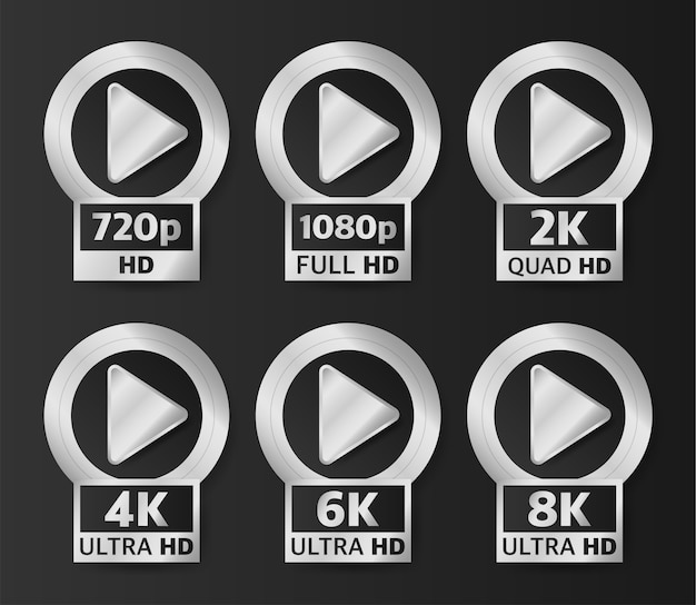 Badges De Qualité Vidéo En Couleur Argentée Sur Fond Noir. Hd, Full Hd, 2k, 4k, 6k Et 8k.