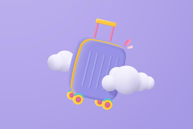 Bagages 3d Volant Pour La Planification De Voyage De Tourisme De Voyage Sur Le Nuage En Fond Violet Voyage De Valise Et Concept D'heure D'été De Voyage Dans Le Style Minimal De Dessin Animé 3d Valise Icône Vecteur Rendu Illustration