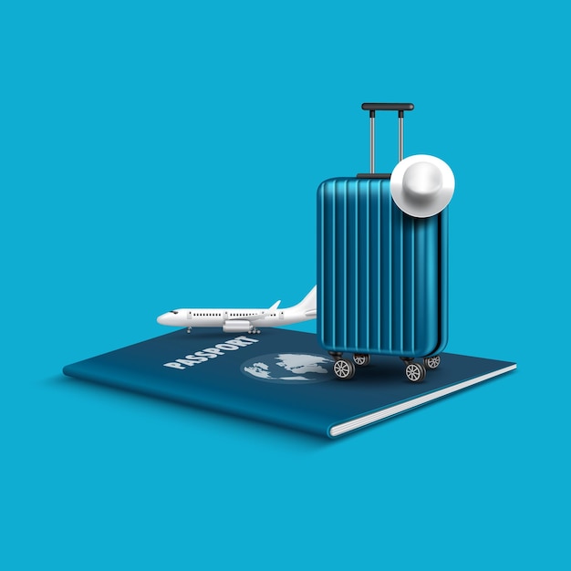 Bagages et avions placés sur le passeport pour faire des supports publicitaires sur le tourisme et