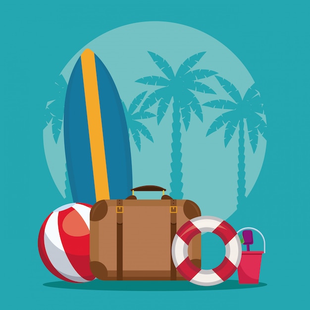 Bagages Avec Surf Et Ballon De Plage