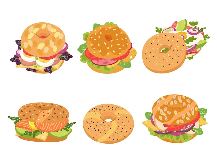 Vecteur bagel de dessin animé déjeuner nourriture beignet sandwich restaurant gastronomique petit déjeuner bagels avec ensemble de vecteurs de saumon et d'avocat au fromage