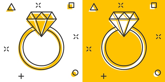 Bague De Fiançailles De Dessin Animé De Vecteur Avec Icône De Diamant Dans Le Style Comique Pictogramme D'illustration De Bague De Bijoux De Mariage Concept D'effet D'éclaboussure D'affaires De Relation Romantique