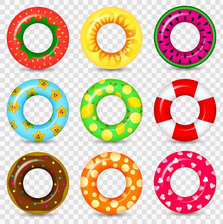 Vecteur bague de natation en caoutchouc coloré jouet icônes réalistes. thème de l'été, de l'eau et de la plage, ensemble plat de bouée de sauvetage. bague de natation en caoutchouc coloré jouet icônes réalistes.