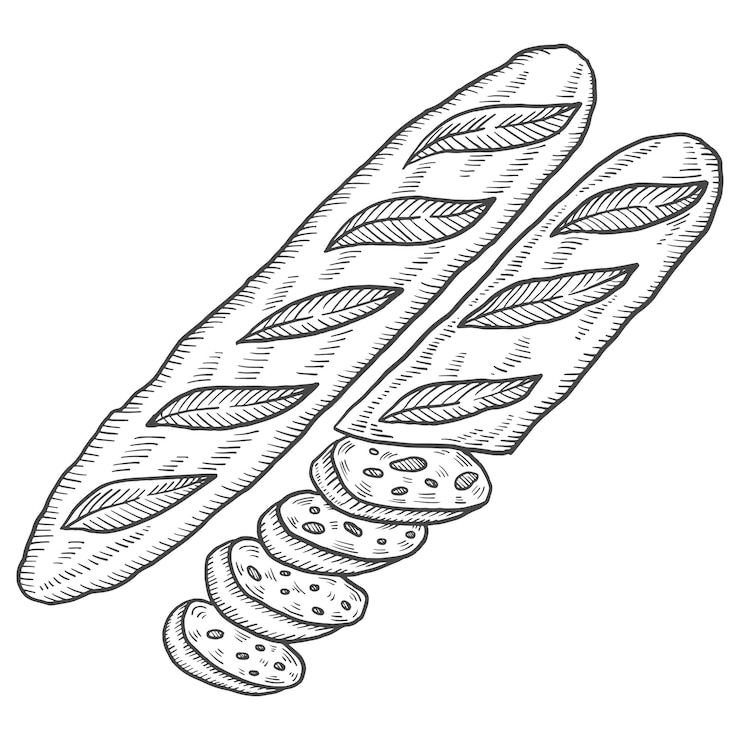 Vecteur baguette classique france alimentaire cuisine isolé doodle croquis dessinés à la main avec style de contour
