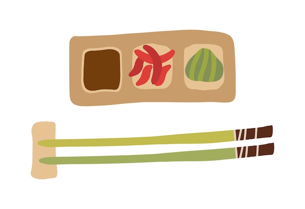 Baguettes à sushi, assiette de sauce soja, gingembre, illustration de dessin animé de wasabi. Cuisine asiatique, cuisine asiatique