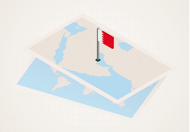 Vecteur bahreïn sélectionné sur la carte avec le drapeau isométrique de bahreïn
