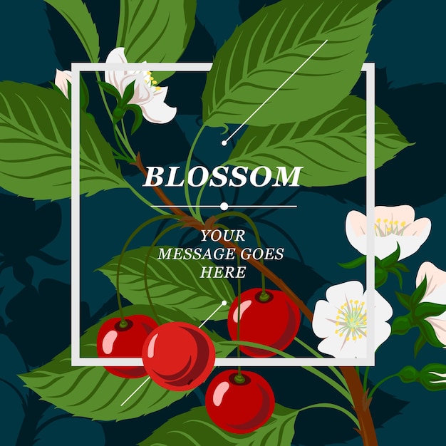 Baies de cerise et fond de branche de fleur de cerisier, illustration vectorielle.